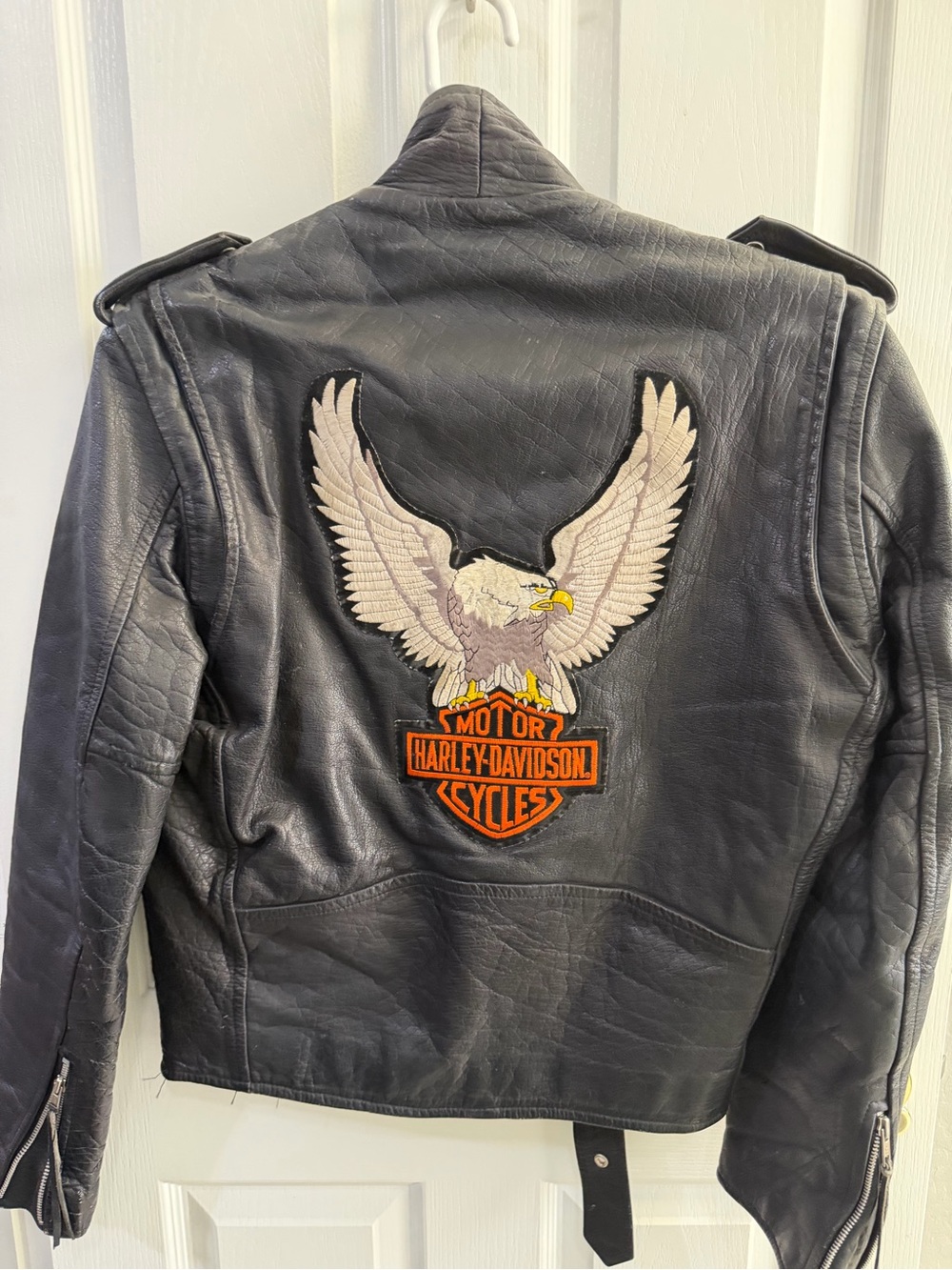 Harley-Davidson Black Leather Jacket with Eagle Patch and Orange Logo circa 1970
